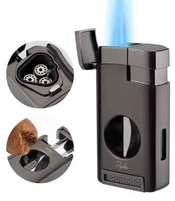 Immagine prodotto di Accendino a butano resistente al vento, con 3 fiamme a getto, ricaricabile, gas, torcia, colore grigio scuro