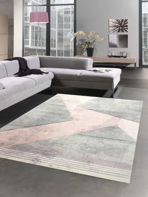 Produktbild von Abstrakter Teppich Wohnzimmer modernes gestreiftes Muster grün rosa grau - pflegeleicht Größe - 80x150 cm