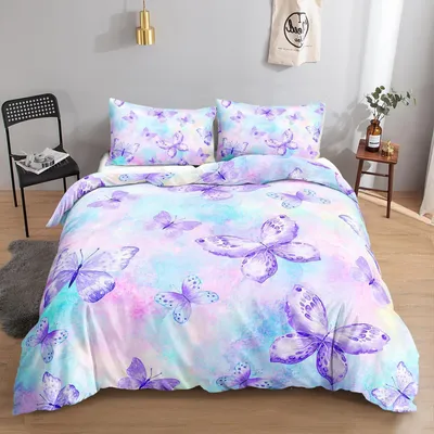 Obrázek produktu pro Sada povlečení s motivem motýlů, fialová, 155x220 cm, 2 povlaky na polštáře 80x80 cm, mikrovlákno, se zipem