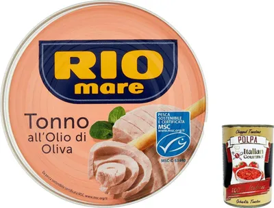 Produktbild von 12x Rio Mare Tonno all'Olio di Oliva Thunfisch in Olivenöl, Gelbflossen thun 240g + Italian Gourmet polpa 400g