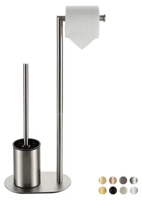 Produktbild von Toiletten-Set, gebürstetes Nickel, Edelstahl, mit Toilettenpapierhalter, Toilettenbürste und freistehendem Toilettenpapierhalter.
