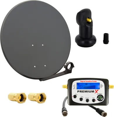 A collection of satellite dish components and a satellite finder are arranged on a white background.