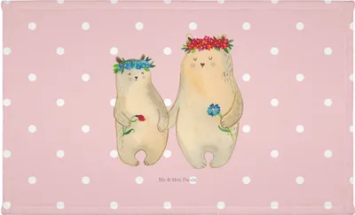 Produktbild von Mr. & Mrs. Panda Flauschtuch Bären mit Blumenkranz - Rot Pastell - Geschenk, Mama, gesichtstuch, Familie, Tochter, Vorbild, kleines Handtuch, Baumwollhandtuch, Family