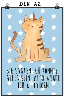 Produktbild von Mr. & Mrs. Panda Bild Einhorn Katze DIN A2 - Blau Pastell - Geschenk, Unicorn, wanddeko, Mieze, Plakat, Glitzer, Regenbogen, drucke, Kunstdruck, Wandbild