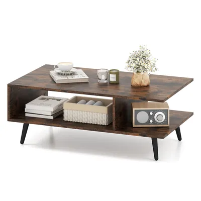 Produktbild von COSTWAY Couchtisch mit Stauraum, 2 Wohnzimmertisch mit offenem Regal & Metallbeinen, Beistelltisch aus Holz, Sofatisch Kaffeetisch 80x45x30 cm Braun