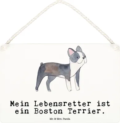 Produktbild von Mr. & Mrs. Panda Schild Boston Terrier Lebensretter DIN A6 - Weiß - Geschenk, Türschild, Dekobrett, holzbild, Wandbild Holz, wandtafel