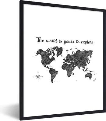 Produktbild von MuchoWow® Gerahmtes Poster Weltkarte - Zitate - Schwarz 60x80 cm - Poster mit Schwarzem Bilderrahmen Wandposter Rahmen Foto Bilder - Premium - Wanddeko Wohnzimmer
