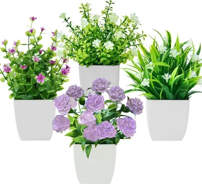 Produktbild von 4 Stück Mini Künstliche Pflanzen mit Topf Klein Gefälschte Pflanzen mit Blumen für Home Büro Tabelle Zimmer Badezimmer Nachbildung Innenbereich