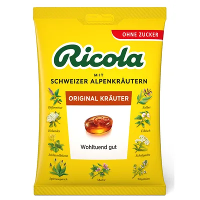 A yellow bag of Ricola Original Kräuter sugar-free herbal candies.