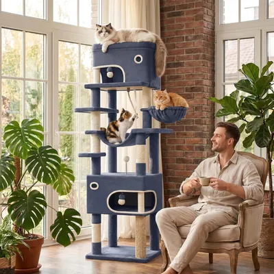 Produktbild von Fobyfurny Kratzbaum, 203 cm Katzenbaum mit Großer Plattform, Dunkelgrau | mit 2 Höhlen, 7 Kratzsäulen, Pompons, Liegemulden, Hängematte