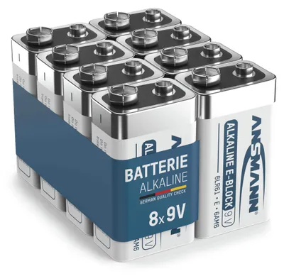 A group of 8 ANSMANN 9V alkaline batteries bundled together with a blue band.