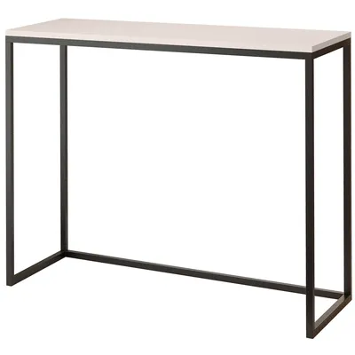 A console table with a white top and black metal legs, presented against a white background.