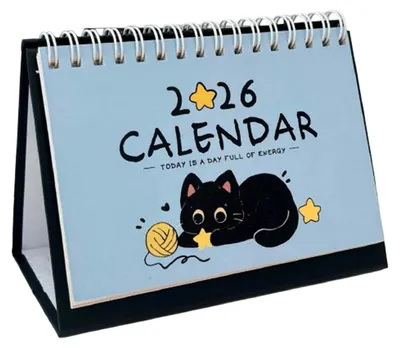 Produktbild von Katzen-Tischkalender 2026: Niedlicher, aufklappbarer Tischkalender mit schwarzer Cartoon-Katze für Homeoffice, Arbeitszimmer und Schreibtisch