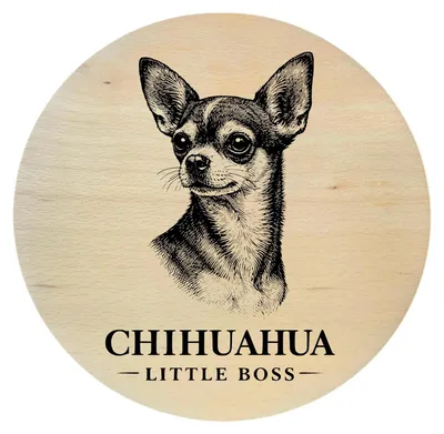 Produktbild von Buchenholzbrett mit Hundegravur – Chihuahua, rund 25 cm