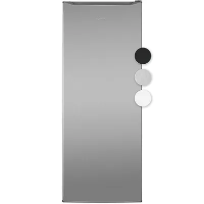A silver refrigerator with three color swatches (black, gray, white) to the right.