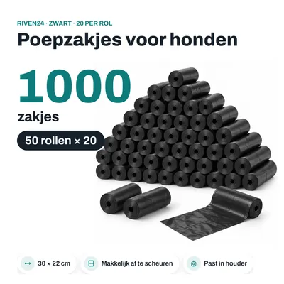 Productafbeelding van RIVEN24 Poepzakjes voor honden zwart, 1000 zakjes (50 rollen × 20), 30 × 22 cm, voor houder