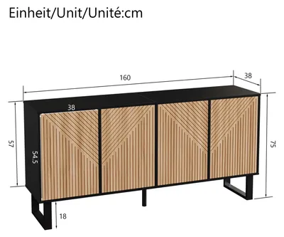 Produktbild von Sideboard - Wohnzimmerschrank - 4 Türen - Gebürstete Goldfarbene Griffe - MDF und Spanplatte - 160 x 38 x 75 cm - Natur und Schwarz