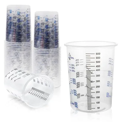 Zdjęcie produktu dla Pojemniki do mieszania, 50 sztuk, pojemność 600 ml, z podziałką, przezroczysty plastik PP