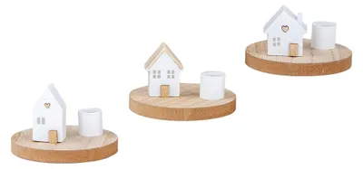 Produktbild von 3er Set Kerzenhalter Haus Weiß Natur Stabkerzen Tischdeko