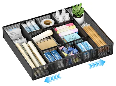 Image de Organisateur de tiroirs de bureau réglable avec 10 compartiments, de couleur noire