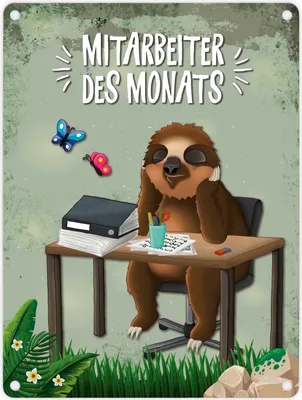 Produktbild von Metallschild mit Faultier Motiv und Spruch: Mitarbeiter des Monats Schild