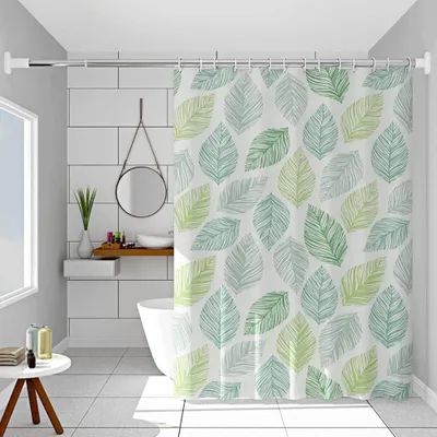 Produktbild von PEVA-Duschvorhang mit grünen Blättern, 180 x 180 cm, wasserdicht, schimmelresistent, schnelltrocknend, mit Haken