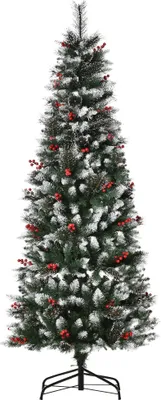 Produktbild von HOMCOM Künstlicher Weihnachtsbaum mit Schnee, 180 cm, feuerfest, mit 539 Zweigen, 51 Beeren, PVC-Blättern, faltbarer Basis und Metallständer, Weihnachtsdekoration für drinnen, Grün