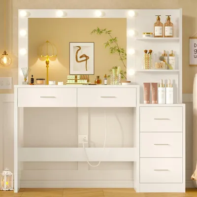 Immagine prodotto di Comò da trucco da 110 cm con specchio e luci LED, 5 cassetti, 2 ripiani aperti, colore bianco