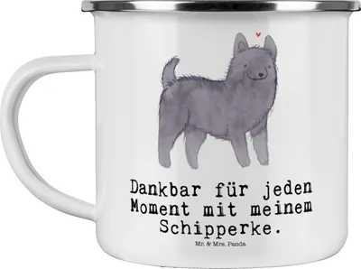 Produktbild von Mr. & Mrs. Panda Emaille Tasse Schipperke Moment - Weiß - Geschenk, Belgische Hunderasse, becher, Teetasse, Pott, Campingbecher