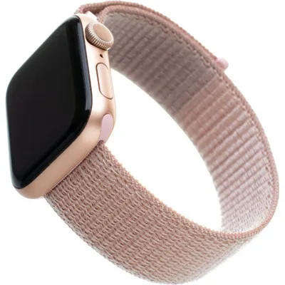 Close-up of an Apple Watch with a pink nylon band.