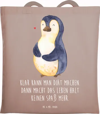 Produktbild von Mr. & Mrs. Panda Shopping Tasche Pinguin Diät - Braun Pastell - Geschenk, Motivation, Jutebeutel, Abnehmen, Tote Bag, Beutel, Einkaufstasche, Laptoptasche, Baumwolltasche