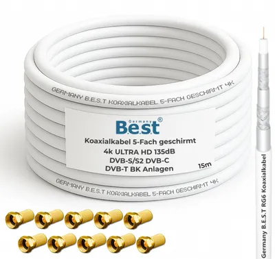 Koaxialkabel 15 m 135 dB SAT-Kabel mit 10 F-Steckern – Produktbild 1