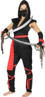 A woman wearing a ninja costume with two swords.