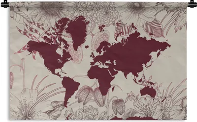 Produktbild von MuchoWow® Wandteppich Wandbehang Weltkarte - Rot - Blumen 60x40 cm Tapisserie Dekoration Wandtuch - Wanddekorationen