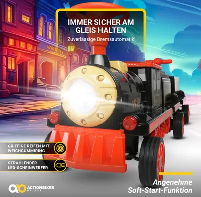 Produktbild von Actionbikes Motors Kinder Elektrozug mit Anhänger | Elektrischer Zug - Eisenbahn - 3-6 Jahre - 3 Sitze - bis 5 km/h - Scheinwerfer - Hupe & Musik(2.0)