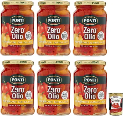 Produktbild von 6x Ponti Peperoni Grigliati Zero Olio,Ohne Öl,Gegrillte Paprika,Fettfrei,Glas 290g + Italian Gourmet Polpa di Pomodoro 400g Dose