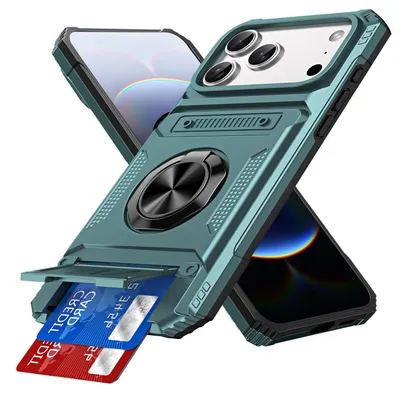 Produktbild von Dual Layer Hülle für iPhone 17 Pro Max mit Kartenhalter, Magnetische Ring Ständer Militärschutz Stoßfeste Handyhülle Grün