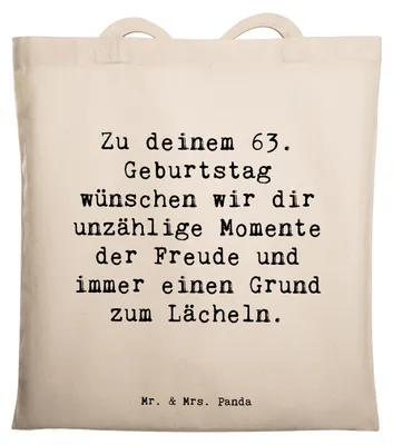 Produktbild von Mr. & Mrs. Panda Tote Bag Spruch 63. Geburtstag Freude - Transparent - Geschenk, Tasche, Geburtstagsfeier, unvergesslicher, Laptoptasche, Happy Birthday, Jutebeutel