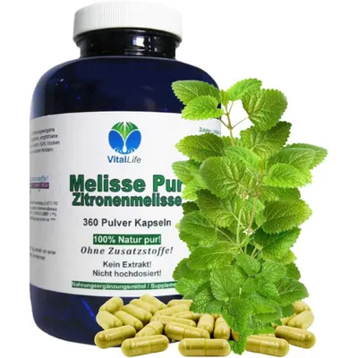 Produktbild von Melisse Zitronenmelisse 360 Pulver Kapseln Natur Pur Nicht hochdosiert Kein Extrakt Ohne Zusatzstoffe + Füllstoffe.