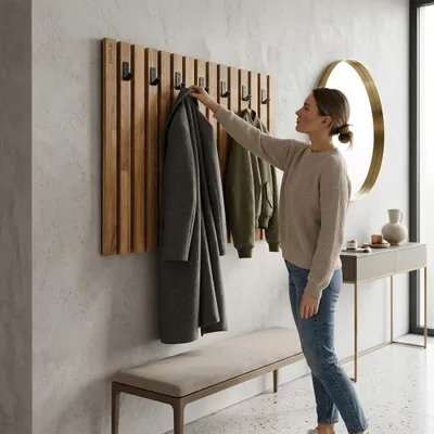 Produktbild von Kleiderhaken Holz Eiche Schwarz – Wandgarderobe Paneel 80x60 cm, Garderobenhaken, Flurgarderobe, Wandhaken, Garderobe Flur, Garderobe Holz