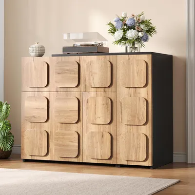 Immagine prodotto di Mobile contenitore laterale con ante e spazio di stoccaggio, cassettiera con cassetti e ripiani aperti, mobile soggiorno con sistema di apertura a pressione, mobile in legno dall'aspetto naturale