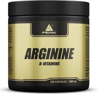 A product shot of a black and gold container of Arginine B-Vitamins supplement capsules.