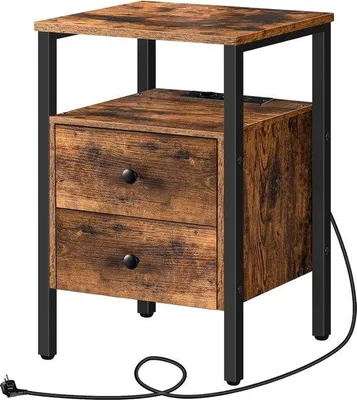 Produktbild von Nachttisch mit Steckdosen und USB-Anschlüssen - Beistelltisch mit Schublade und Regal - Vintage Design - einfach zu montieren - für kleine Räume - Wohnzimmer Schlafzimmer Nachttisch
