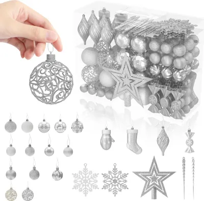 Image de TRMLBE Boules de Noël en plastique 138 pièces Décorations d'arbre de Noël y compris étoiles, flocons de neige et chaussettes Brillantes avec crochets, Ø 3, 4 & 6 cm Boules de Noël (Argent)