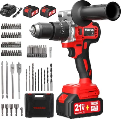 Produktbild von TEENO Akku-Bohrschrauber, 21 V, für Makita-Akku, 2 Akkus 4,0 Ah, 130 Nm Max bürstenlos, Akkuschrauber mit 76 Zubehörteilen und Koffer