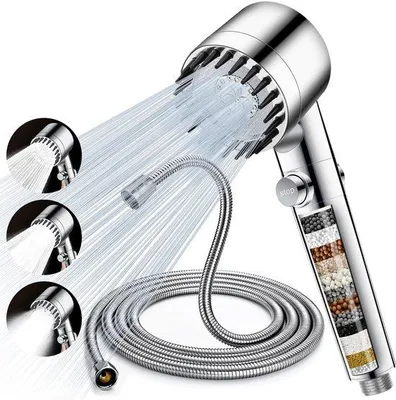 Obrázek produktu pro Hlavice sprchy s hadicí 2 m, 3 druhy proudu, filtr na chlor, úspora vody, ruční sprcha