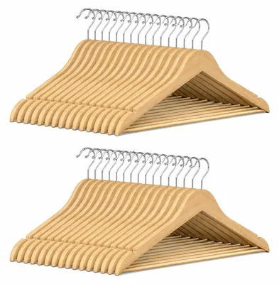 30er-Pack schlanke Holzkleiderbügel mit Hosenstange, Naturholz