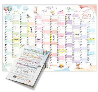 Produktbild von Wandkalender 2027 A3 Tierwelt Aquarell Querformat – Jahresplaner Kinder KW FeiertageTiere