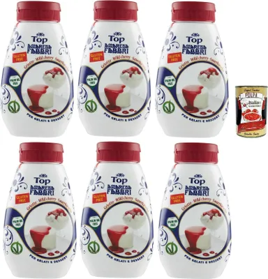 Produktbild von Fabbri top amarena, Gourmet Sauce Topping Amarena Schwarze Kirsche Süß-saure Kirschsauce zum Garnieren und Überziehen von Eis und Desserts 6x 225g + Italian Gourmet polpa 400g