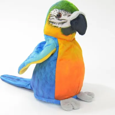 A plush toy parrot sitting on a white background.